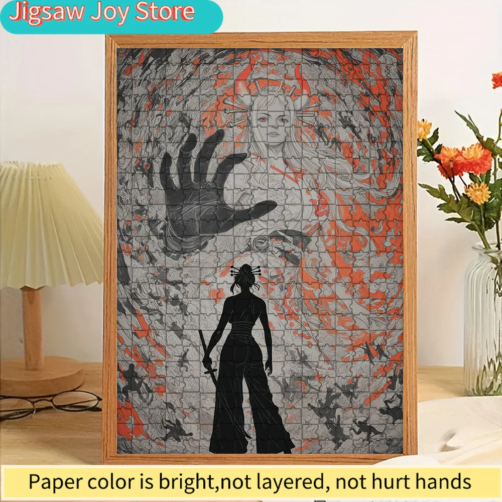 

Japanese Oni Princess Samurai Silhouette with Giant Horned Deity & Red Flame Aura Background Art Paper Jigsaw Puzzle, Mythical W