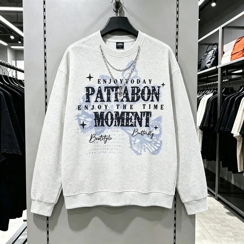 Hip Hop Streetwear Crewneck Sweatshirt Men 3D Foam Print Butterfly Letter Graphic Pullover with Star Pendant Chain Loose Casual