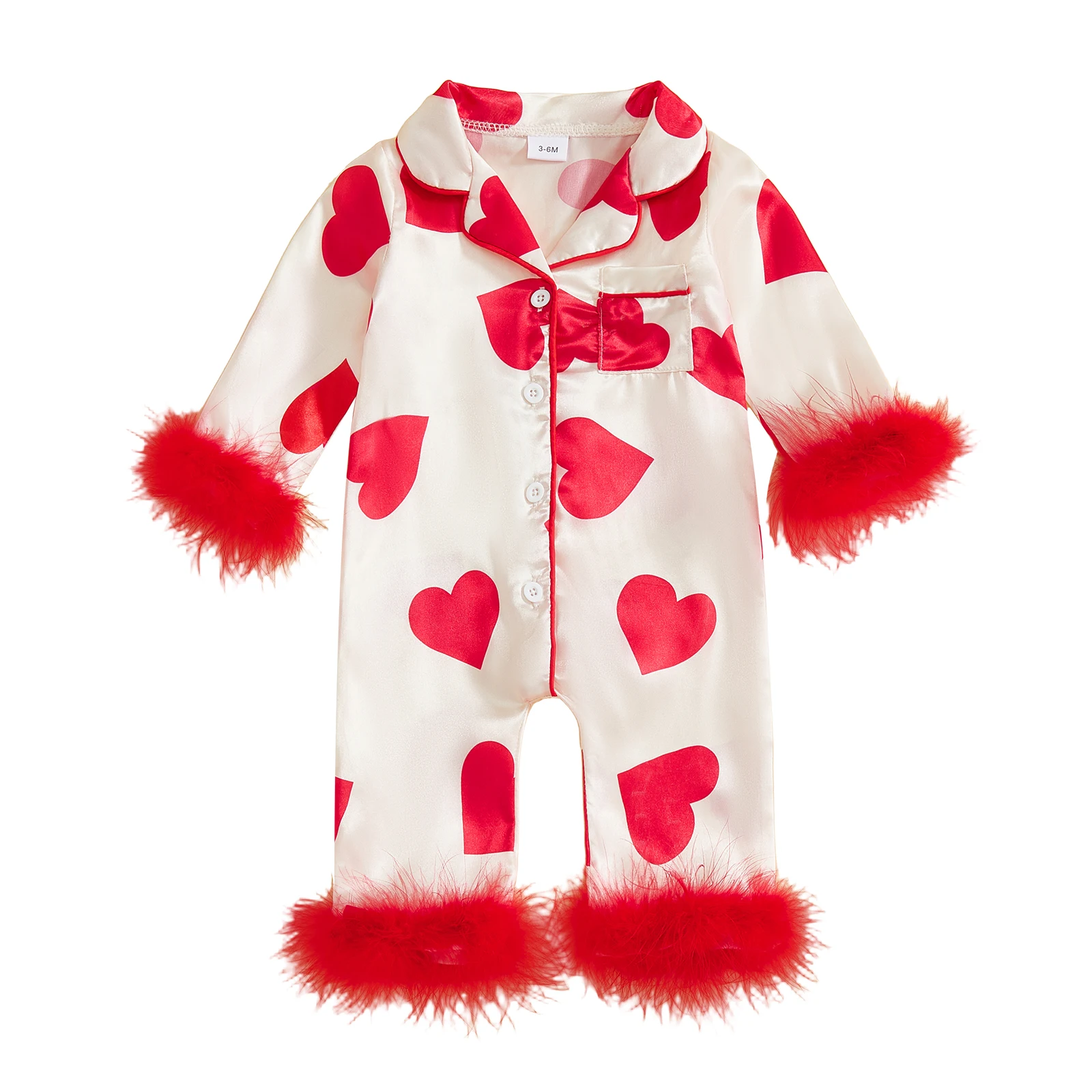 Baby Girl Spring Romper Long Sleeve Lapel Collar Heart Print Jumpsuit Infant Pajamas 0-18M