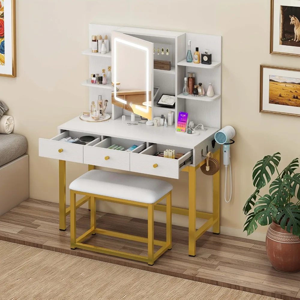 

White & Gold Makeup Vanity Desk Set w/ Mirror 3 Drawers for Bedroom