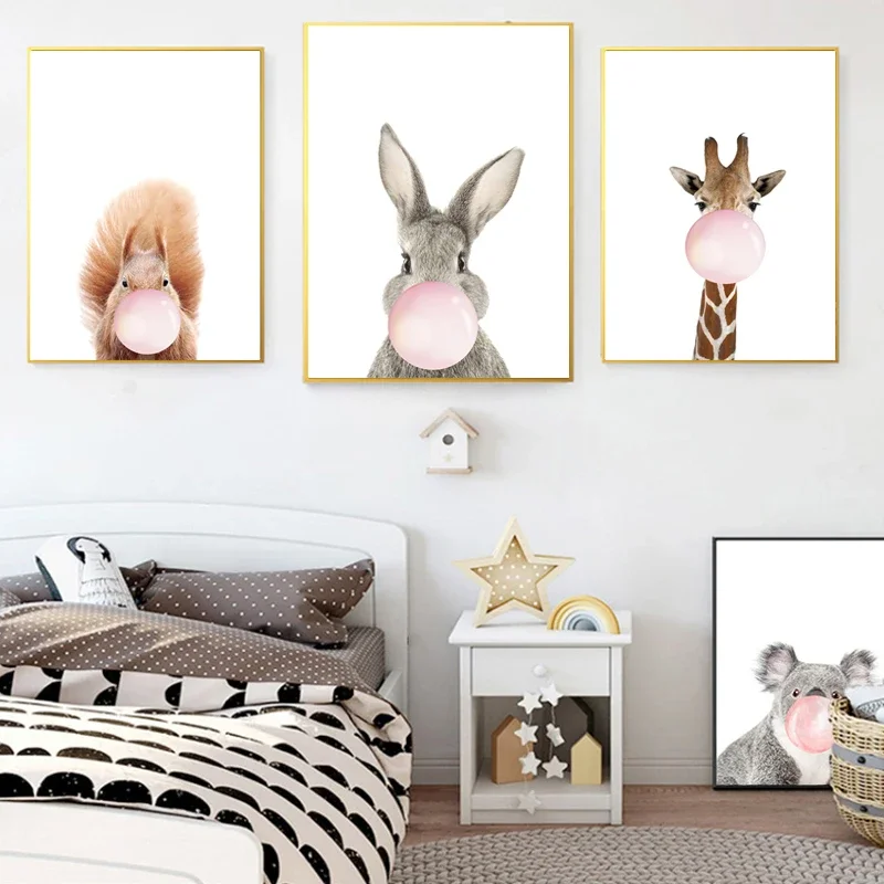 Wall Art Diamond Painting Nordic Nursery Cute Animal Pink Bubbles Giraffe Zebra Koala Posters Picture for Baby Room Bedroom De