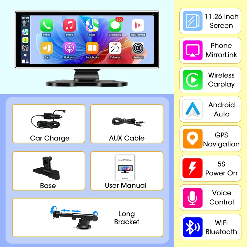 11,26 inch auto intelligente systemen multimedia videospeler draagbare autoradio draadloze CarPlay Android auto schermaccessoires - afbeelding 1