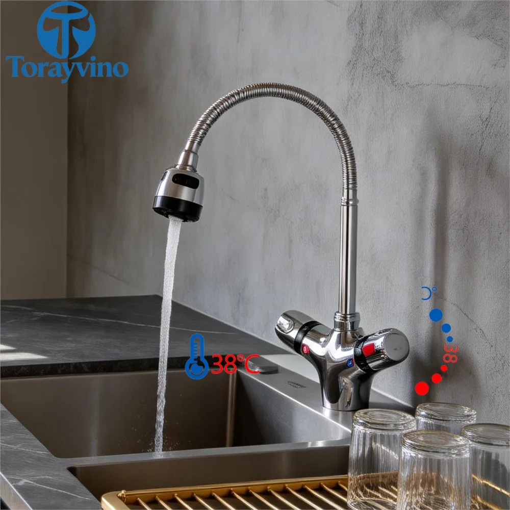 

Torayvino Solid Brass Chrome Kitchen Faucet Thermostatic Faucet Constant Temperature Deck Mounted Sink Mixer Flexible tap
