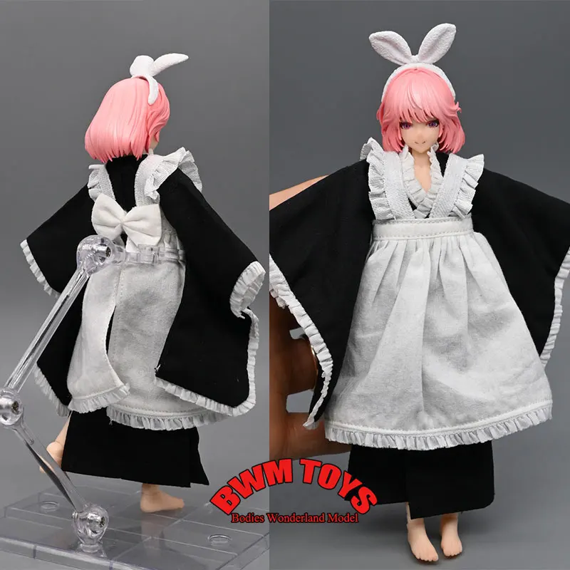 

1/12 Scale Female Soldier Wide Seeved Maid Costume Apron Kimono Model Clothes For 6inch romankey Mobile Suit Girl Doll