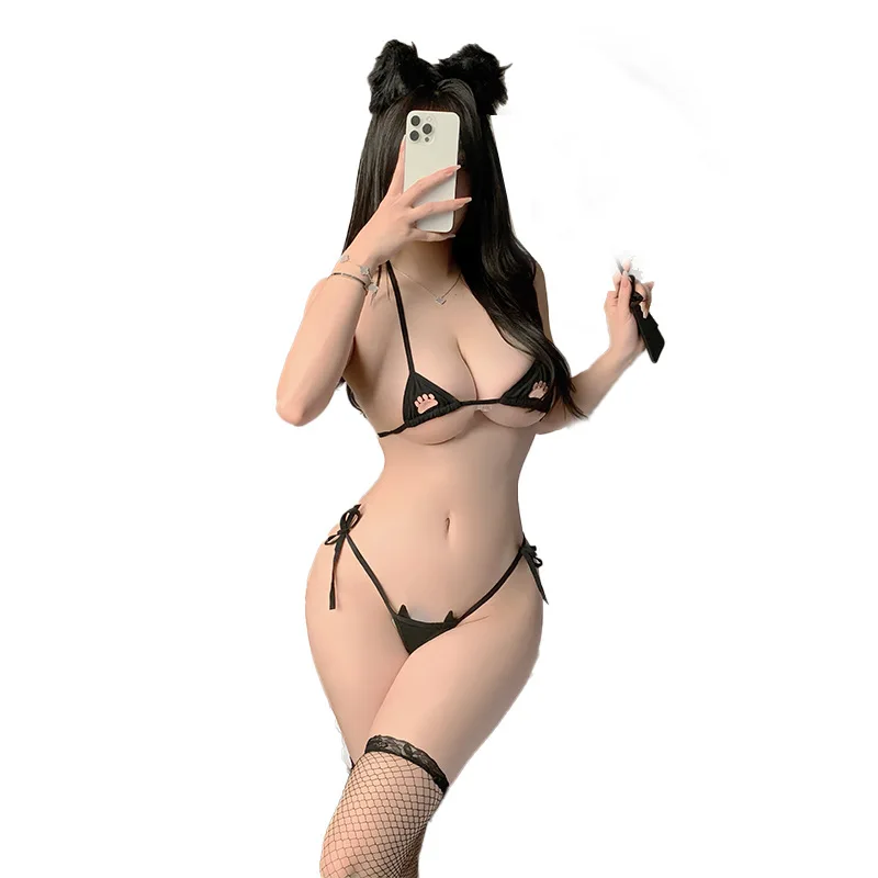 Women Sexy Micro Bikini Lingerie Cat Three-Point Suit Lace-Up Embroidery Temptation Thong Pajamas Set Low Waist Bathing Suit