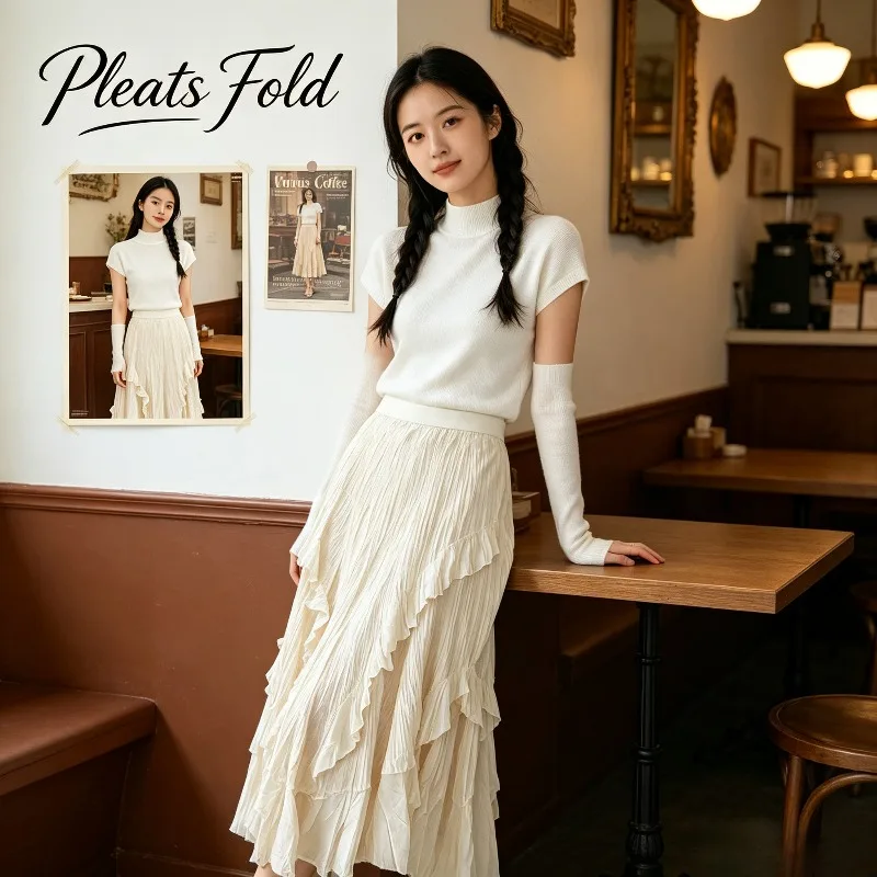 Miyake Pleated New Irregular Ruffle Half-Length Skirt Summer Elastic Waist Textured Pleated Layered Flowing Mid-Length Skirt