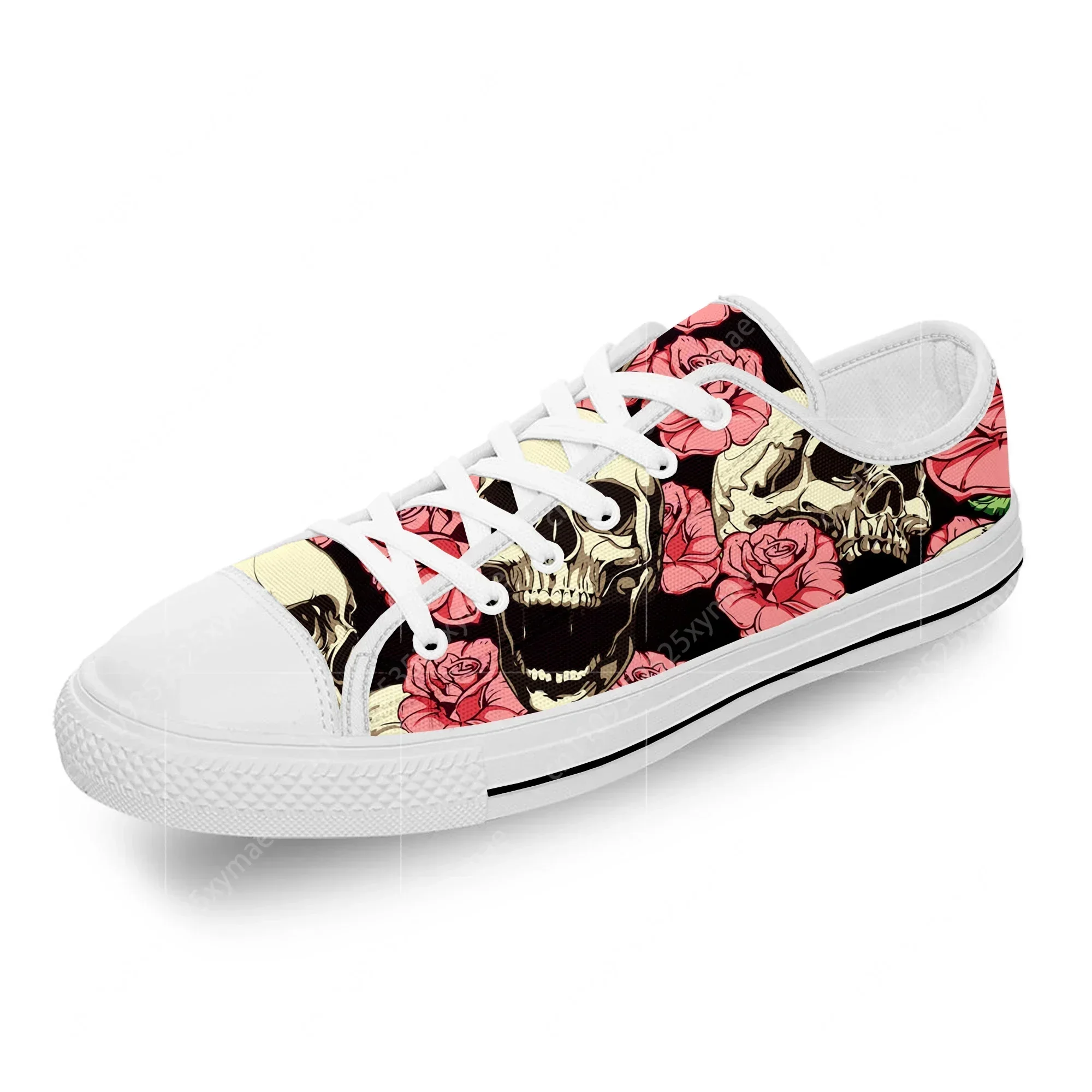 Sugar Skull Rose Flower Hot Funny White Cloth Fashion 3D Print Low Top Canvas Shoes Men Women Lightweight Breathable Sneakers