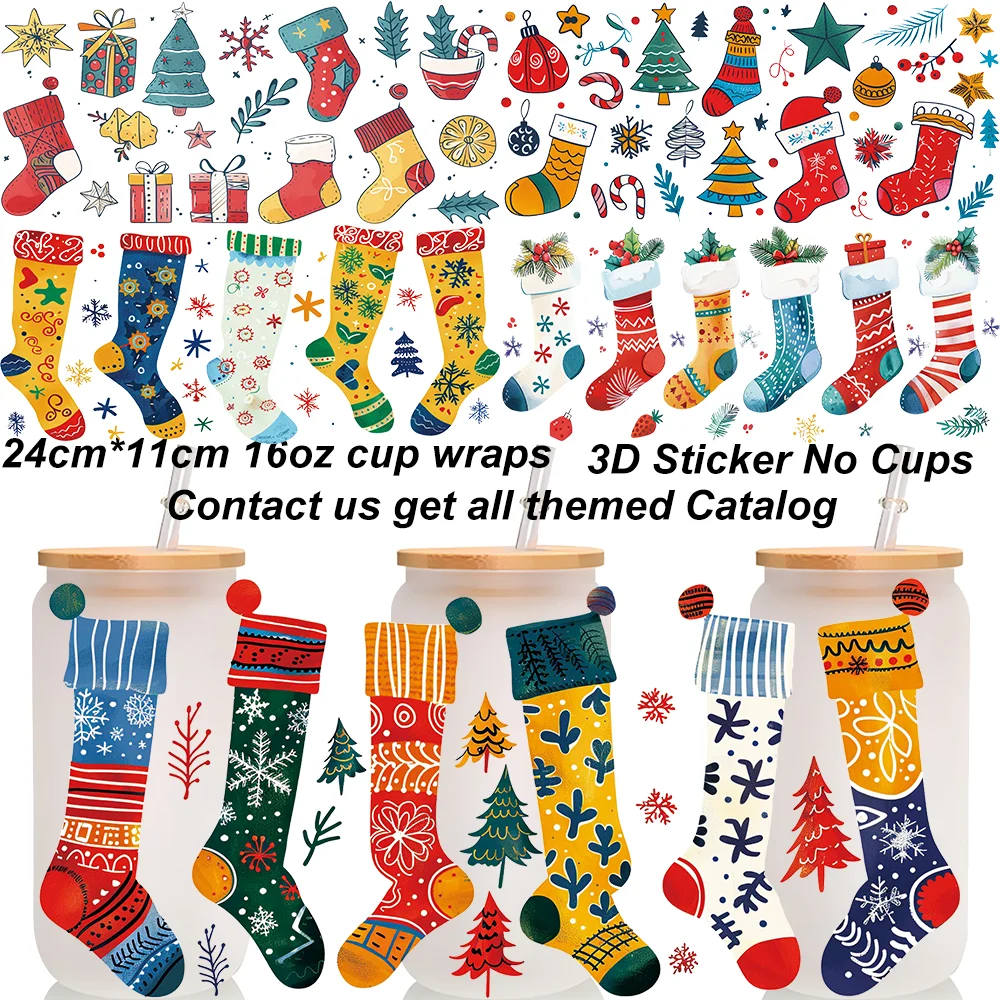 16oz Christmas Stocking UV DTF Cup Wraps 3D Xmas Glass Tumbler Decals Xmas Stocking Pattern Cold Transfer Cup Wraps No Cups