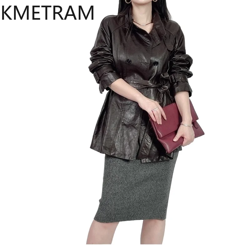 KMETRAM 100% натуральная кожаная куртка из овчины для женщин, винтажное пальто средней длины с поясом, осенний тренч 2026, женская одежда.