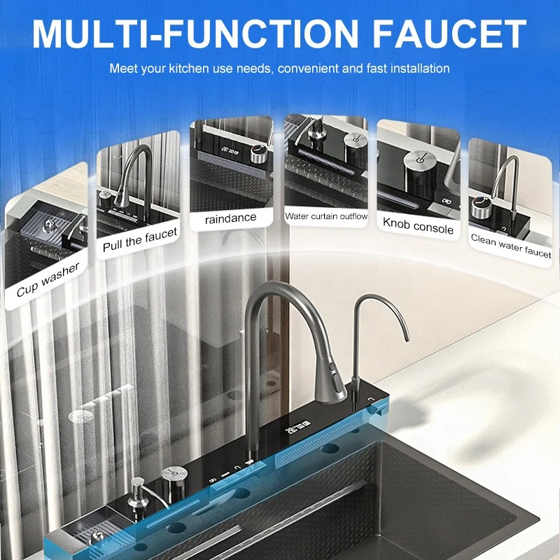 2026 Popular Large LED Display Kitchen Sink Rectangular Single Slot Multifunction Waterfall Anti-Scratch for Hotel Application