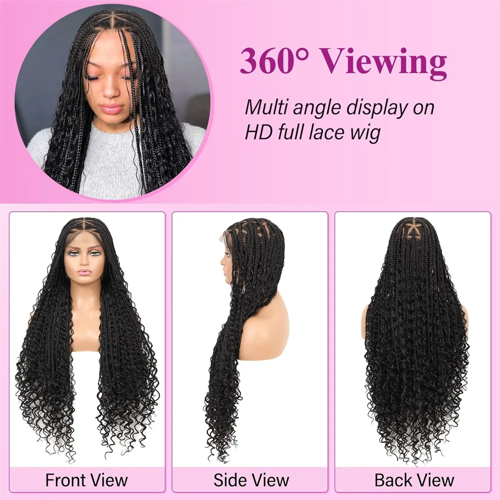 Box 36 Inch Full Lace Braided Wigs Synthetic 3x Twist Braids Wig For Women Tail Curl Transparent Lace Baby Hair Fashion Wig