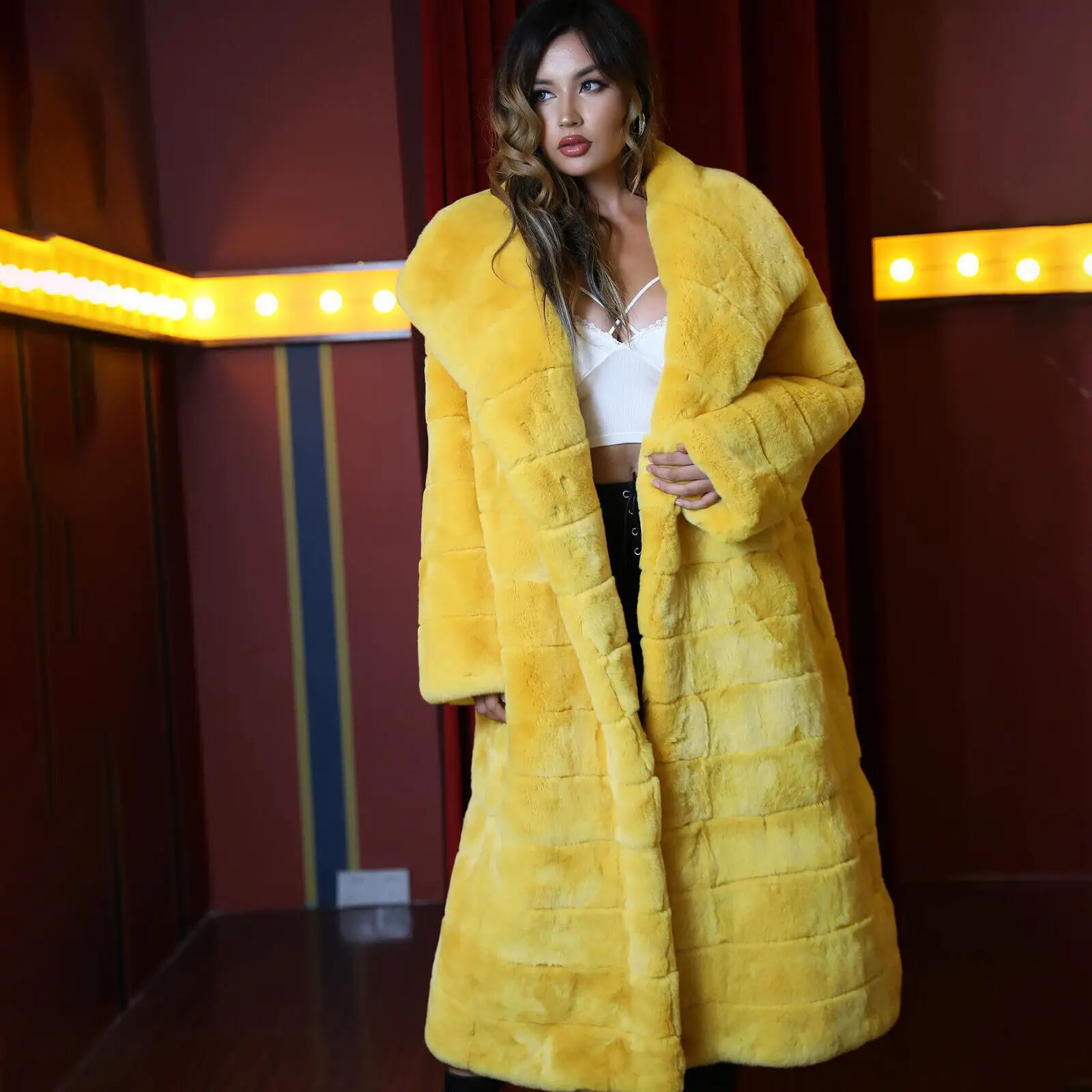 Winter Women Yellow Chinchilla Real Rex Rabbit Fur Hood Long Coat Fashion Luxury Genuine Fur Warm Overcoat