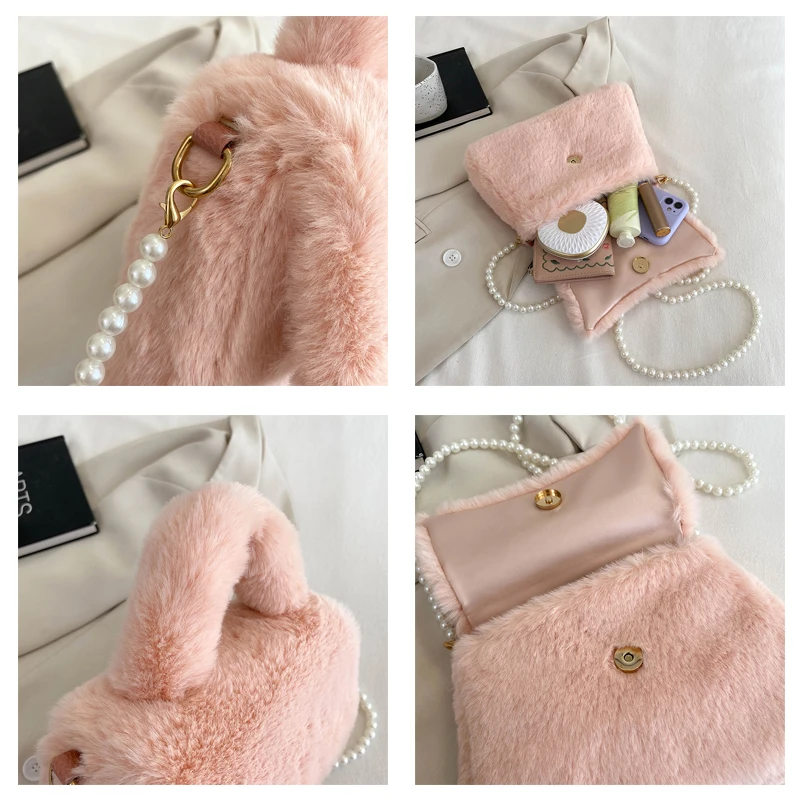 Y2K Fluffy Bags For Women 2022 Winter New Soft Furry Shoulder Bag Fur Tote Bag Plush Luxury Designer Handbag Pearl Sling Bag INS