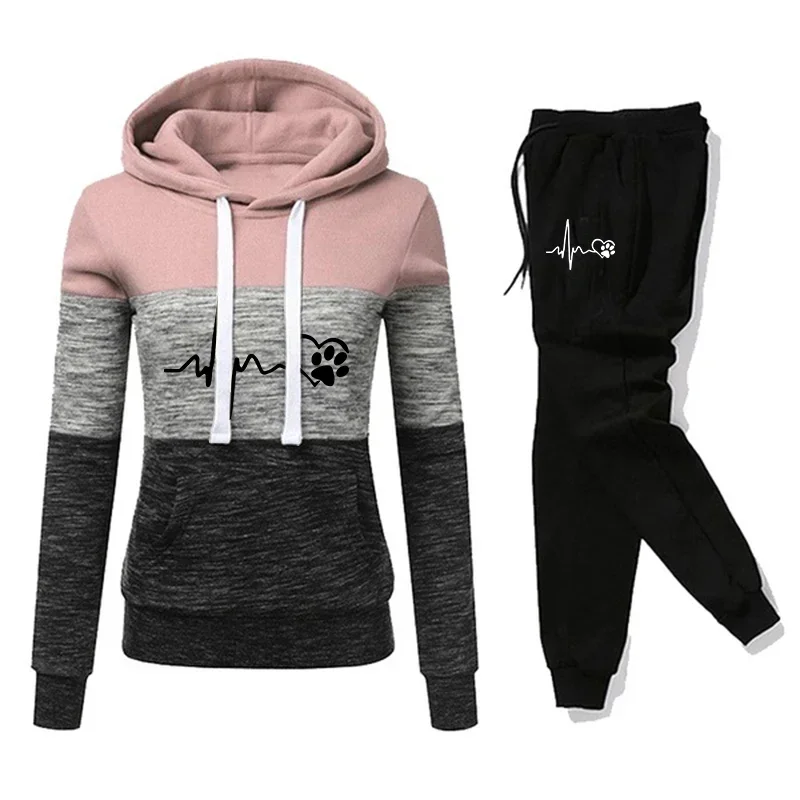 Womens Tracksuit Print Color Block Hooded Sweatshirt Black Sweatpants Fashion Versatile Pullover Street Fashion Casual Outfits