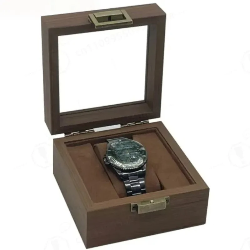 Retro Black Walnut Wooden Watch Storage Box with Lock Dustproof Jewelry Display Case Organizer for Home Counter Showcase