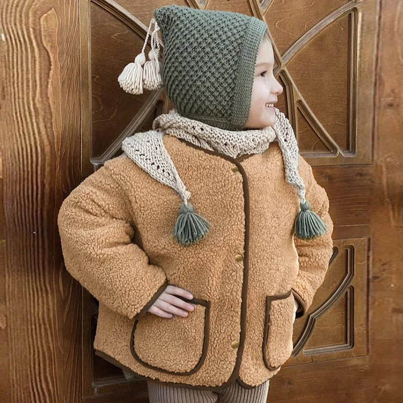 24 A/W New Polar Fleece Coat Design Sense Color Blocked Children\'s Clothing Single Breasted Long Sleeved Cardigan Top