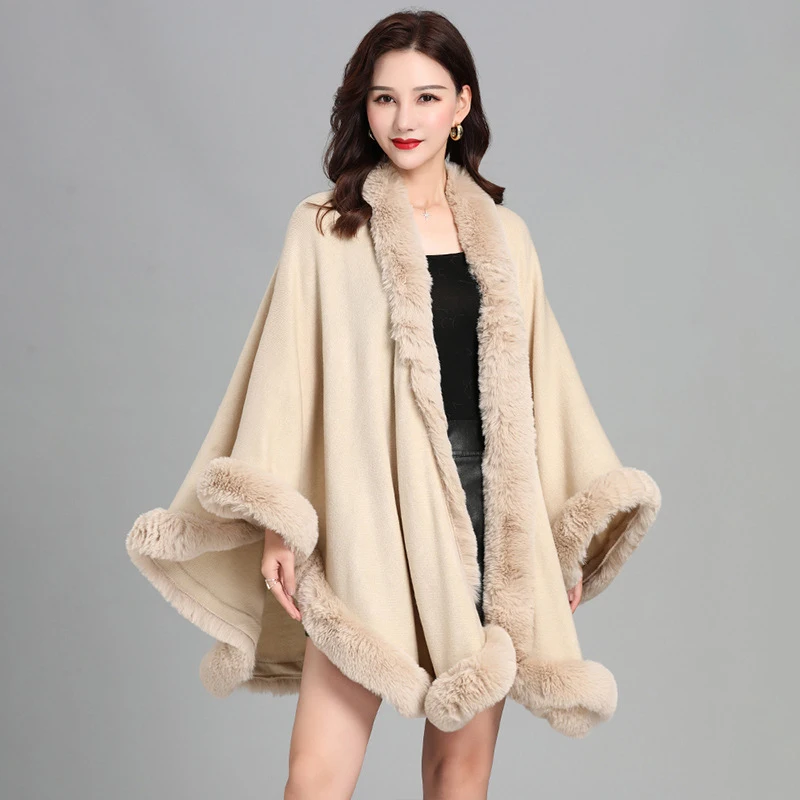 Women Soft Faux Rex Rabbit Fur Cape Coat Knitted Cardigan Cloak Long Big Shawl Fashion Outwear Casacos De Inverno Femininos