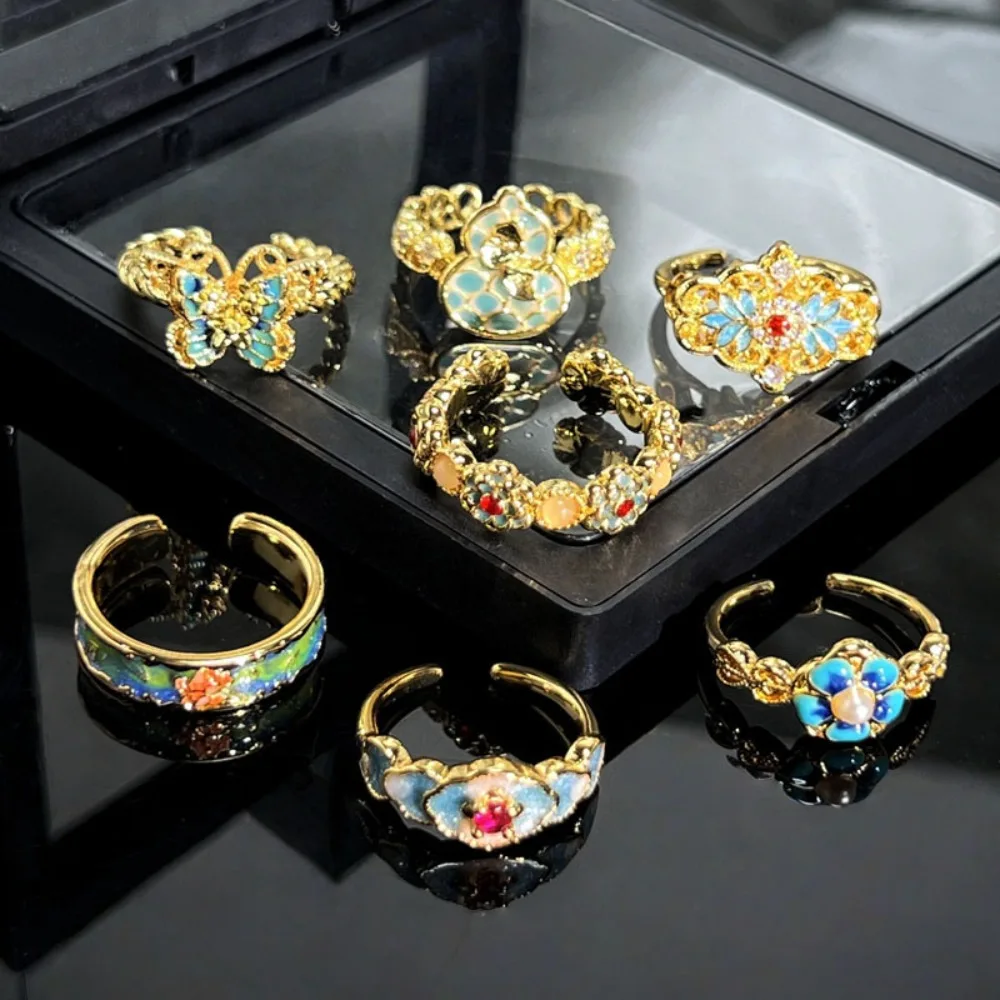

Vintage Chinese Style Colorful Enamel Butterfly Flower Open Ring for Women Ancient Technology Handmade Luxury Jewelry Charm Gift