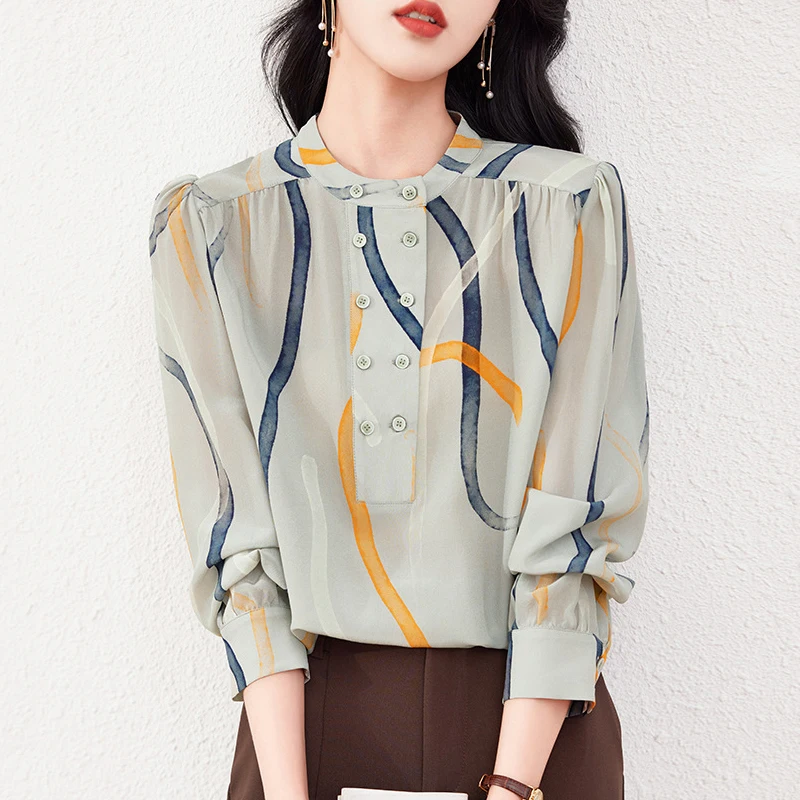 

New 100% Real Silk Women's Print Shirt 2026 Spring Autumn Elegant Shirts Fashion Blouses For Women Tops Loose Casual Blouse