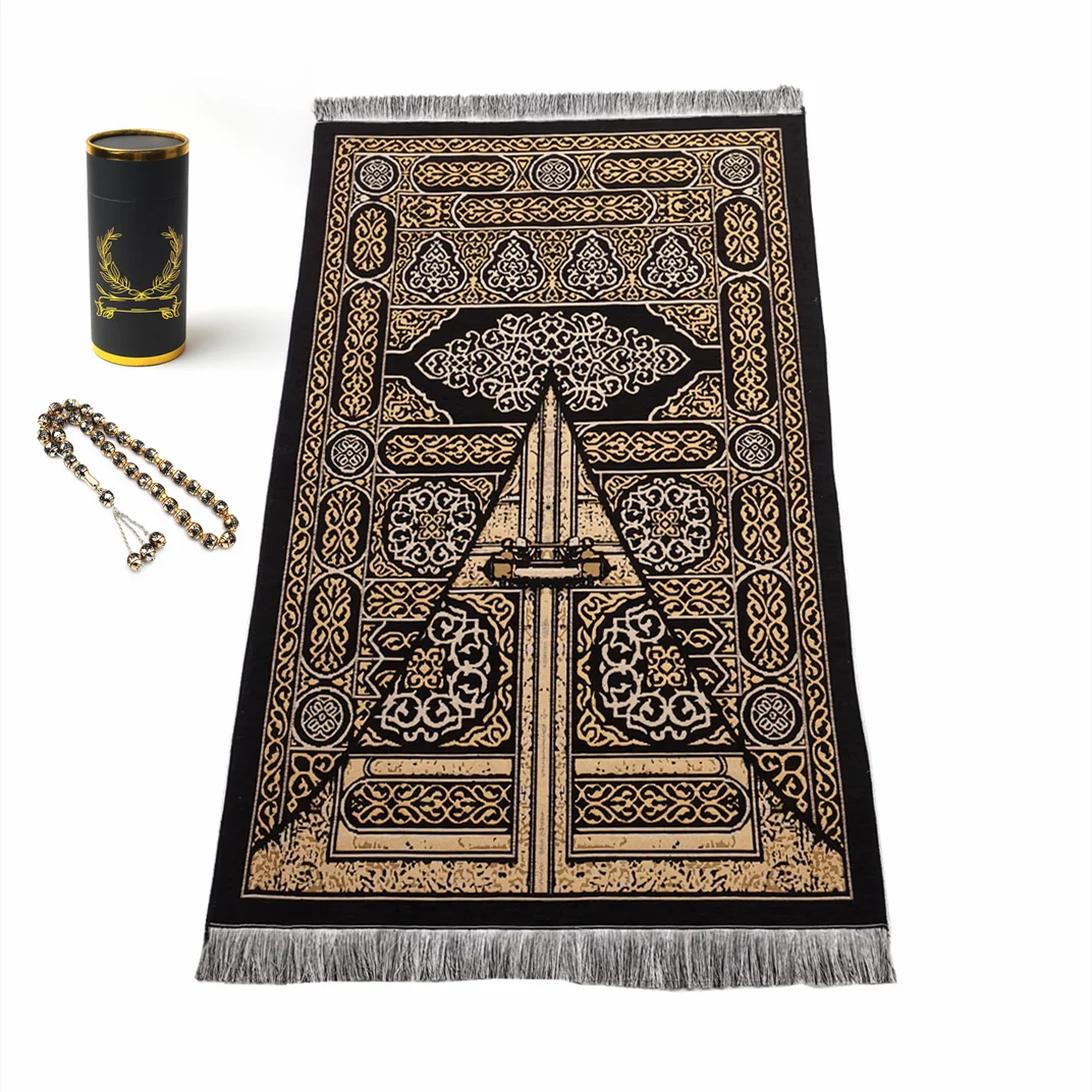 Alfombrilla de oración musulmana portátil lavable de Estilo negro de chenilla, juegos de regalo, 70 × 110CM