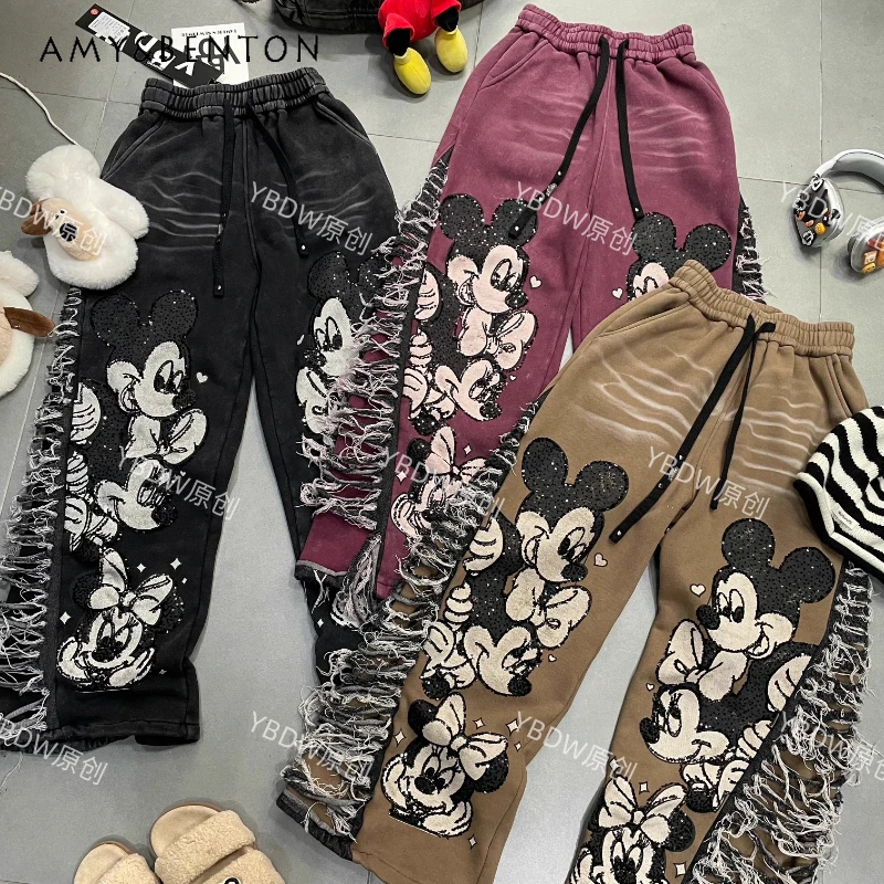 

Осень-зима 2022, прямые широкие брюки с героями мультфильмов, на флисовой подкладке, повседневные брюки для женщин, милые милые длинные джинсы