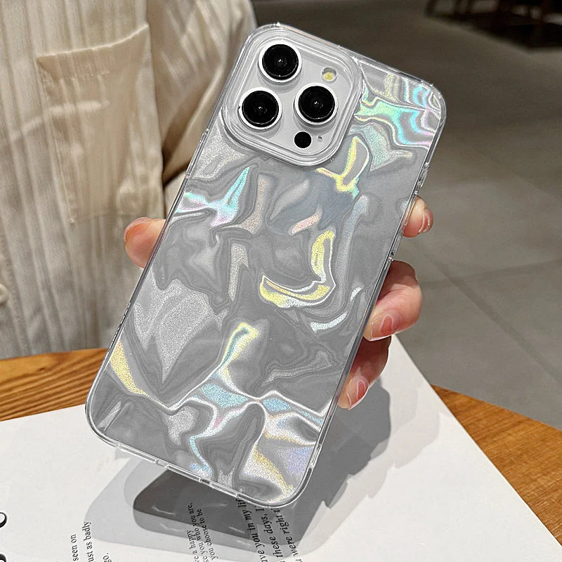 Luxury Laser Silver Gradient Case for iPhone 15 14 13 12 11 Pro Max Plus 7 8 Plus XR X XS SE 2 Protection Soft Edge Phone Cover