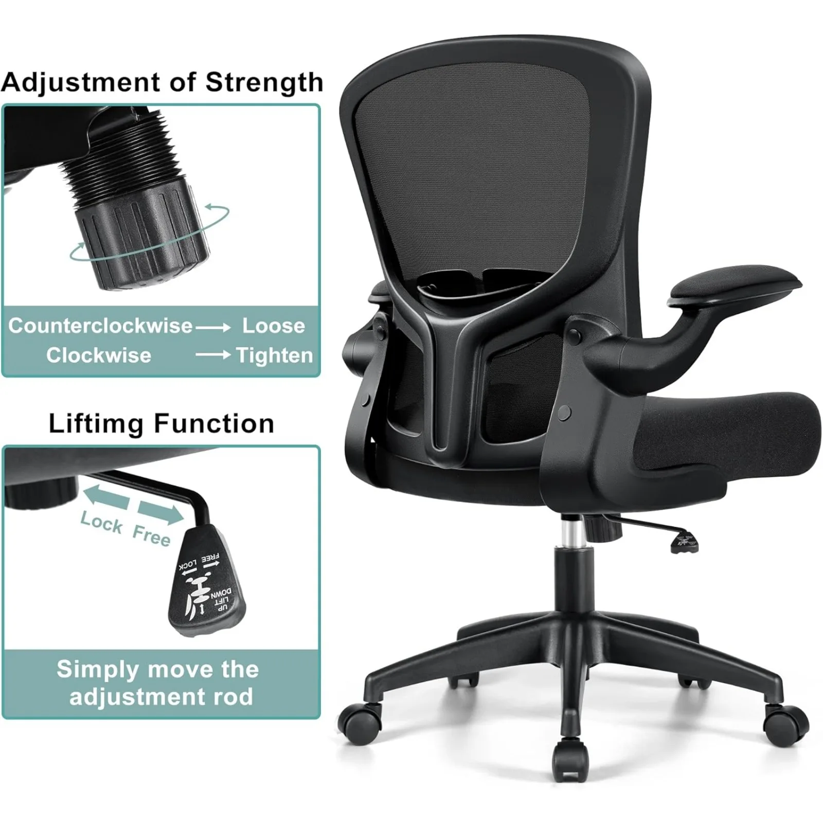 US Office Chair, Ergonomic Desk Chair with Lumbar Support and Flip-up Armrest, Height Adjustable Mesh Swivel