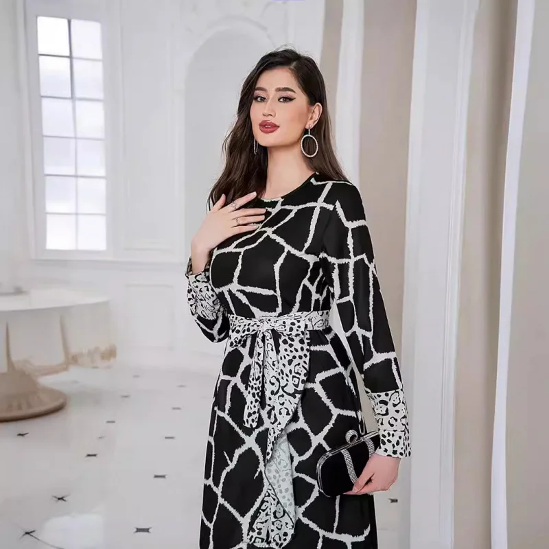 2025 Middle Eastern Arab Women's Leopard Print Ruffle Patchwork Dress