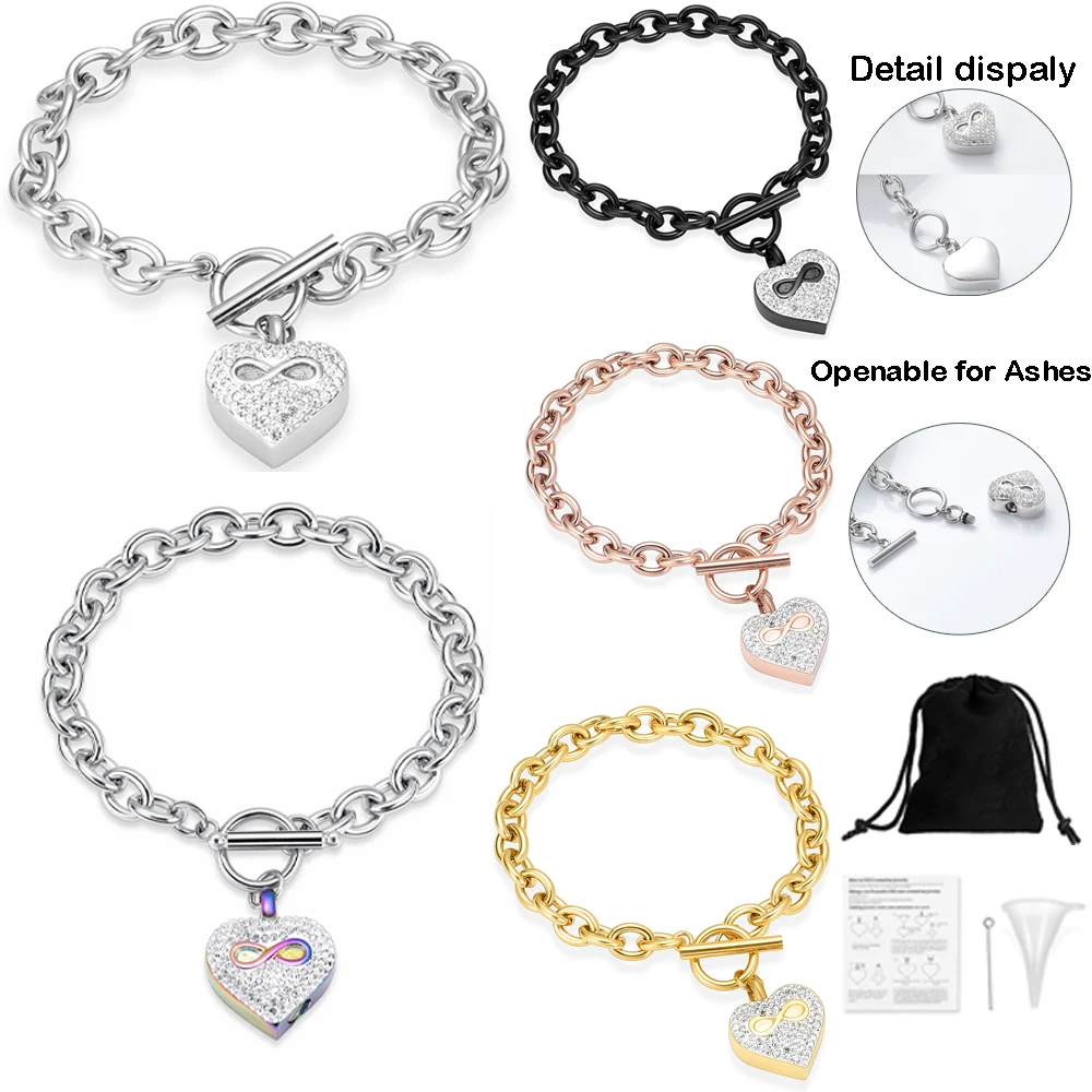 Charm Women Keepsake Urn Bracelet Heart Memorial Cremation Ashes Jewelry Stainless Steel Openable Chain Bangle