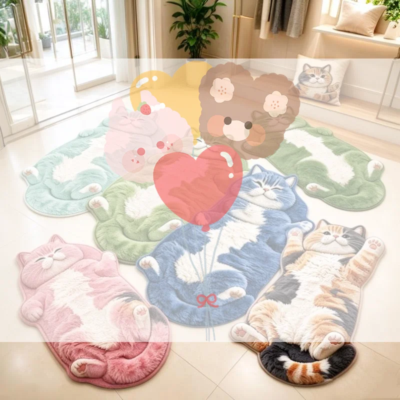 Chubby Lying Tabby Cat Shaped Long Rug 2D Furry Effect Print Non Slip Soft Bedroom Bedside Absorbent Floor Carpet