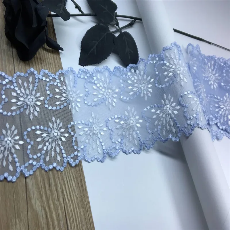 3 Yards Two Tone Embroidery Elastic Tulle Lace Trim Light Blue Lace Trimming Vintage Net Lace for Needle Work Crafts