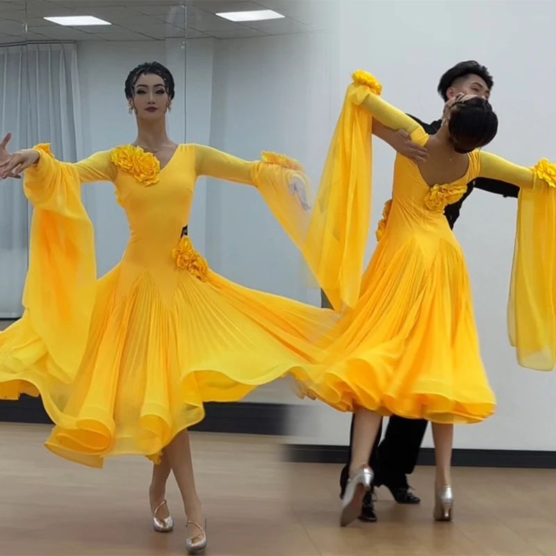 

Ballroom Standard Dance Dress Women Long Sleeve Yellow Dresses Modern Dancing Performance Wear Waltz Social Dance Costume 3206