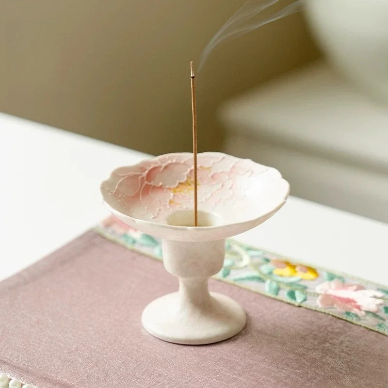 Light Pink Spring‑note Peony Tall Foot Incense Holder New Chinese Ceramic Stick Incense Burner Home Tea Room Decor
