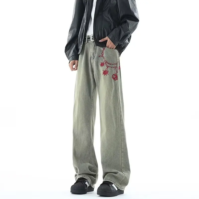 

Мужские джинсы в стиле хип-хоп с принтом, модные, повседневные, прямые, свободного кроя, на все сезоны, Гонконг