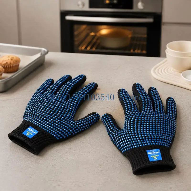 02DC 1 Pair Black and Blue Full Finger Rubber Gloves with Blue Dotted Hand Detail for Cooking, Baking, Barbecue, Cookware