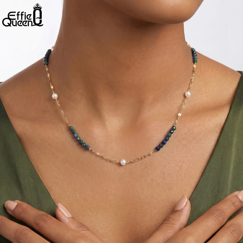 

EFFIE QUEEN 100% Natural Freshwater Pearl & Lapis Lazuli Stone 14K Gold Plated Chain Necklace Jewelry 925 Sterling Silver MPN15
