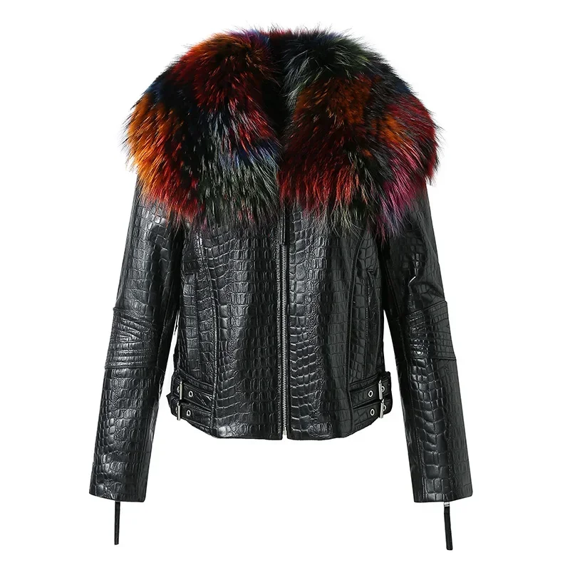 Women\'s Genuine Sheepskin Leather Jackets Real Fur Big Collar Coat Crocodile Pattern