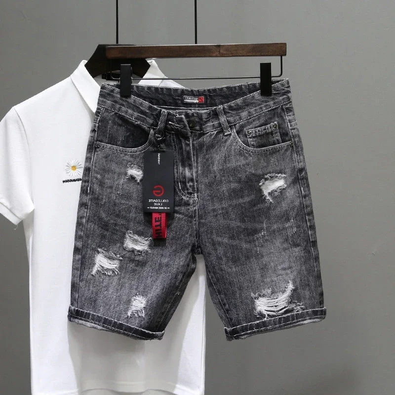 Short Jeans Pants For Men Gray Graphic Man Denim Shorts Original Harajuku Y2k Designer Cut Summer Wide With Korean Style New In