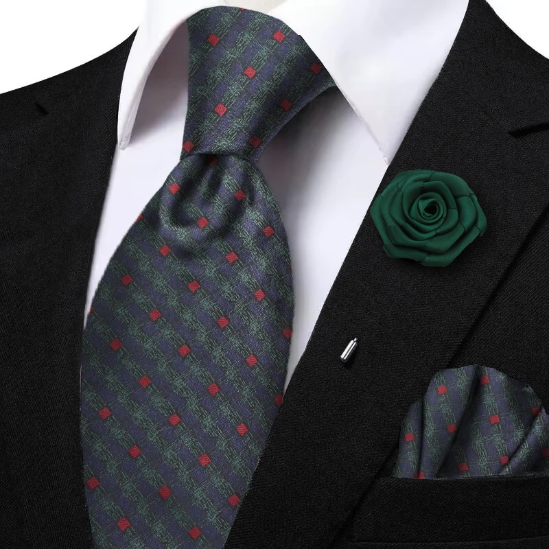 Ensemble de Cravates à Rayures Rouges pour Homme, Pochette Gracieuse Verte, Carré Papillon, Fleur, Broche, 03/Casual, Tenue Trempée, Ornement de Robe, Nouvelle Collection