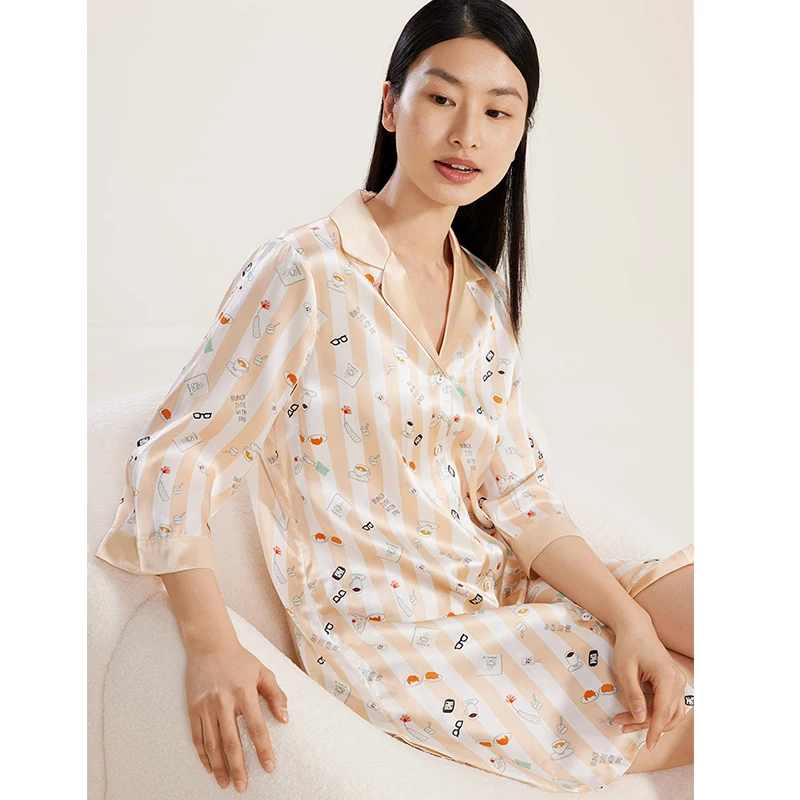 Winsleter Three-quarter Sleeves Striped Print Soft Women,6A 100%Mulberry Silk Pajama Dress,Shirt Nightdress,2024 Spring P41893QD