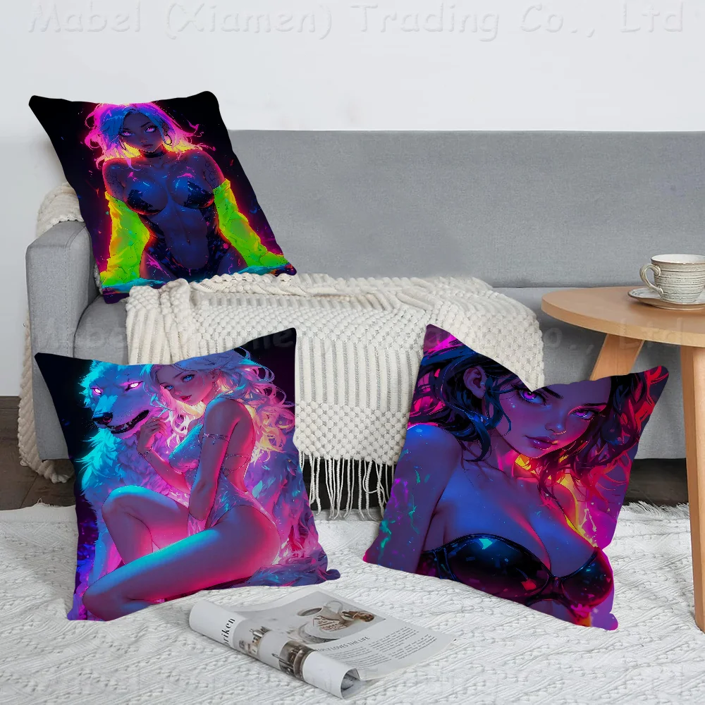 

Colorful Neon Sexy Anime Cool Girl Pillow Cushion Cover Pillowcase Living Room Sofa Home Decor Customized