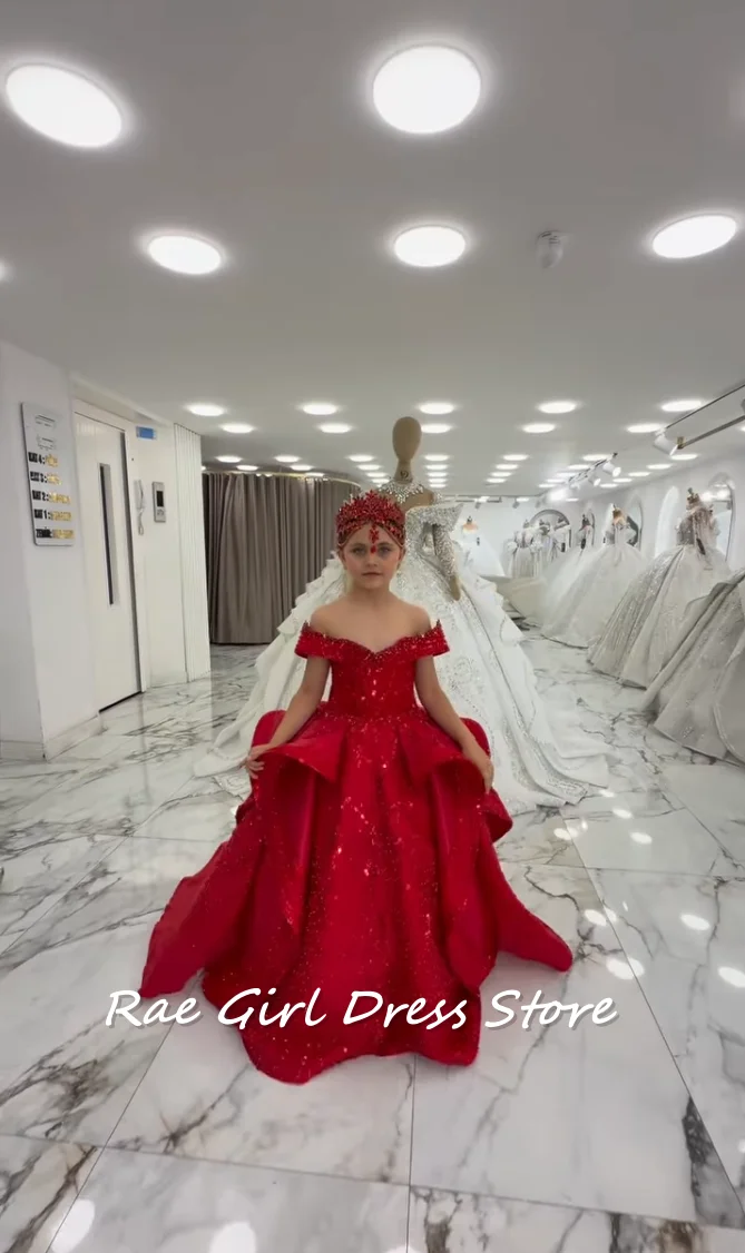 Red Satin Flower Girl Dress Off Shoulder Sweetheart Neck Sequin Floral Embroidery Multi Layer Formal Birthday Damas Dresses