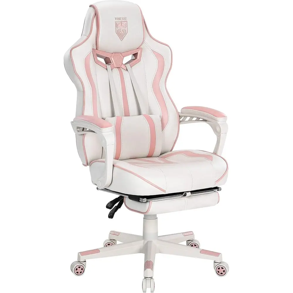 Ergonomic High-Back Gaming Chair with Footrest and Massage, White & Pink for Adults