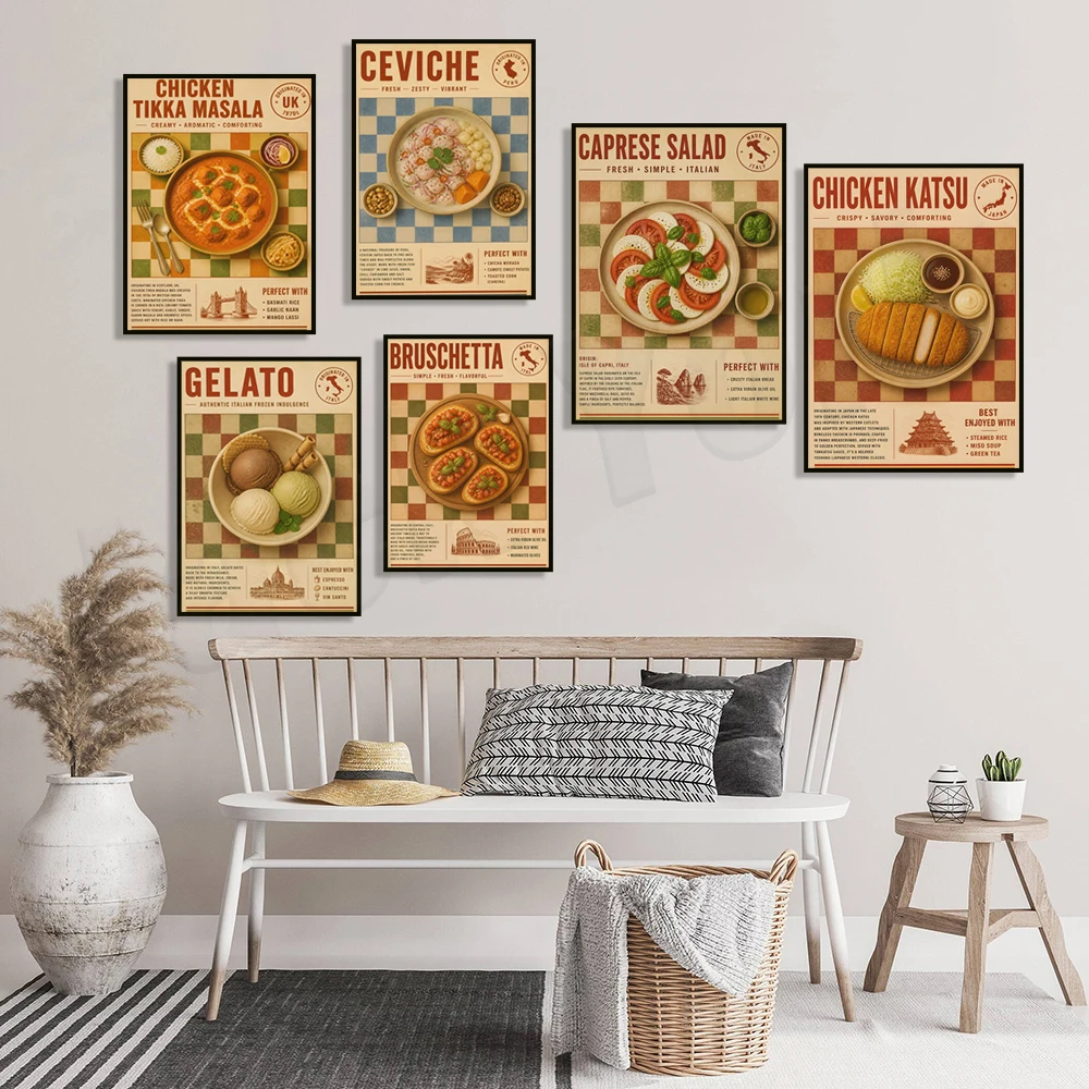 Chicken pot pie, ceviche, french fries, ice cream, Tom Yum soup, fried chicken cutlet, Shakshuka, dumplings, food poster