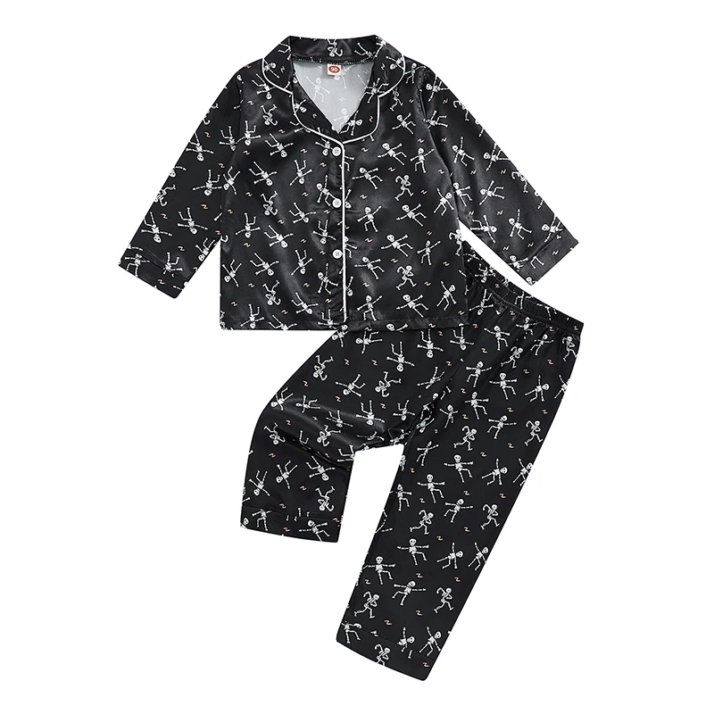 Toddler Baby Girl Halloween Pajamas Set Little Girl Long Sleeve Lapel Tops Ruffled Pants Sleepwear Nightwear