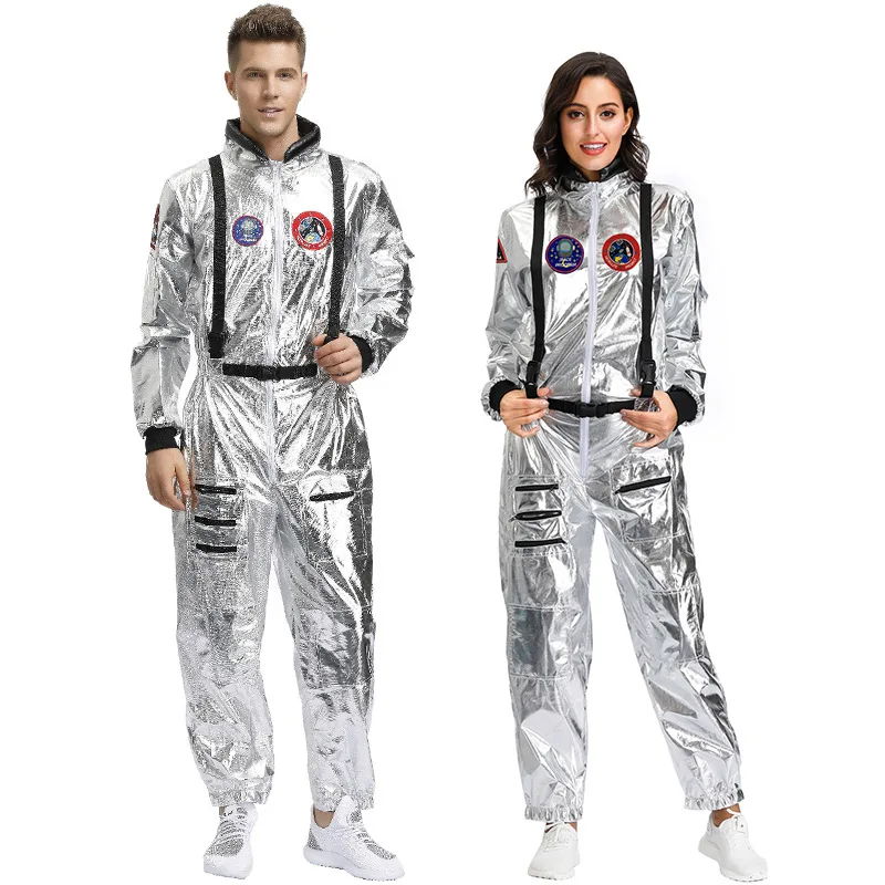 Volwassen astronaut kostuum jumpsuit zilveren ruimtepak voor mannen met geborduurde patches en zakken voor Halloween cosplay feestpak