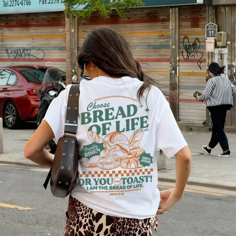 

Футболка «Хлеб жизни» с забавным христианским принтом, вдохновляющая футболка с библейским стихом, свободная женская футболка в стиле ретро, футболка с изображением Иисуса и веры, унисекс, топ, подарок