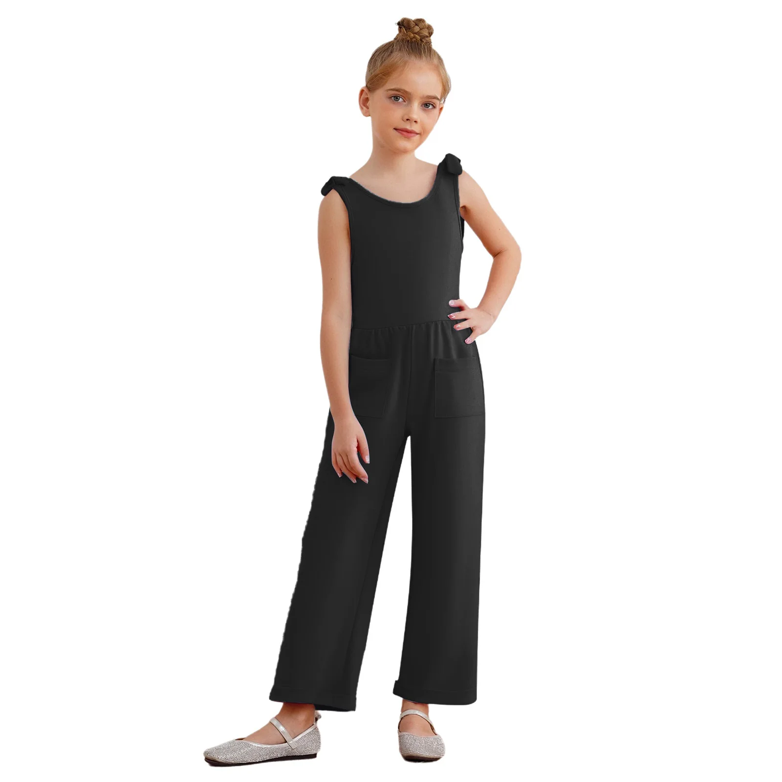 

Kids Girls Jumpsuit Casual Cute Bowknot Wide Shoulder Straps Wide-Leg Overalls Rompers with Pockets for Birthday Party Holiday