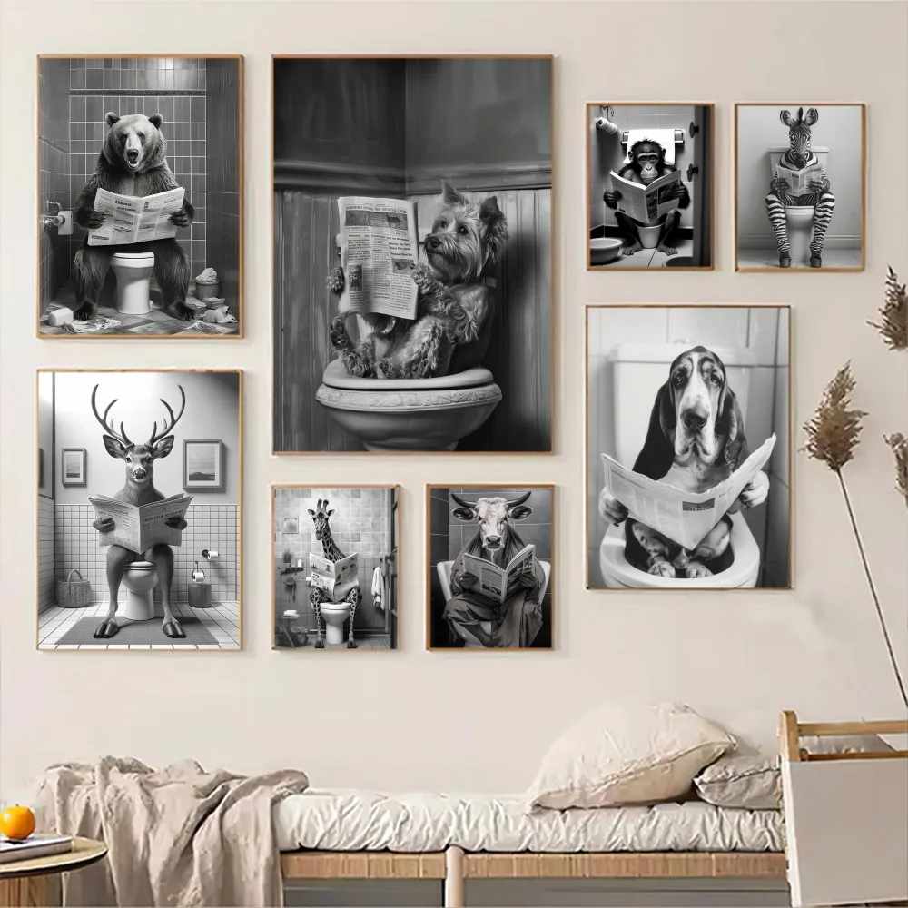 Zabawna łazienka Humorystyczne zwierzęta Vintage Plakaty Przyklejony papier biały Naklejka DIY Pokój Bar Kawiarnia Pokój Dekoracja ścienna