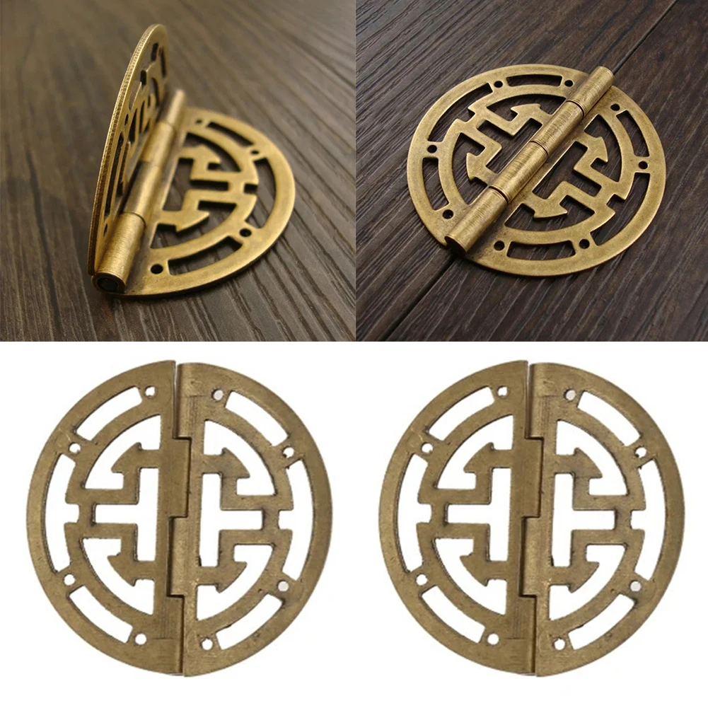 

2 pcs Vintage Round Brass Hinges for Jewelry Boxes and Cabinets Antique Style Hollow Design for Home Decor Enhancement